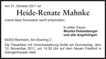 Traueranzeige von Heide-Renate Mahnke von Darmstädter Echo, Odenwälder Echo, Rüsselsheimer Echo, Groß-Gerauer-Echo, Ried Echo