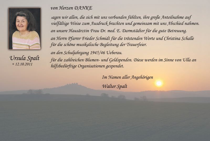  Traueranzeige für Ursula Spalt vom 12.11.2011 aus Echo-Zeitungen (Gesamtausgabe)