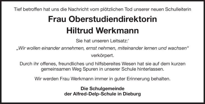  Traueranzeige für Hiltrud Werkmann vom 04.11.2011 aus Echo-Zeitungen (Gesamtausgabe)
