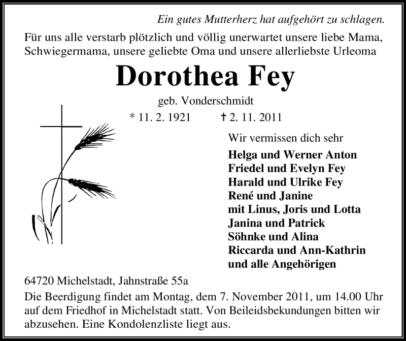  Traueranzeige für Dorothea Fey vom 04.11.2011 aus Odenwälder Echo