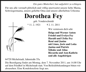 Traueranzeige von Dorothea Fey von Odenwälder Echo
