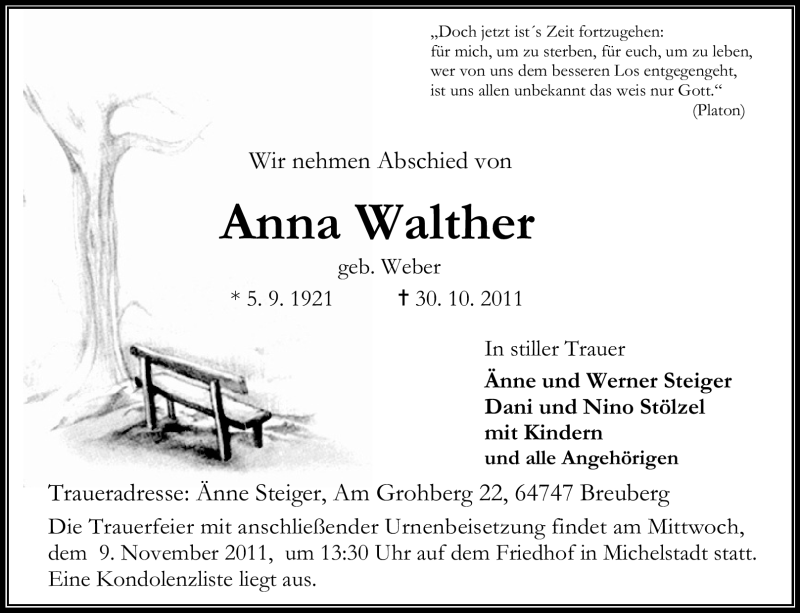  Traueranzeige für Anna Walther vom 04.11.2011 aus Odenwälder Echo