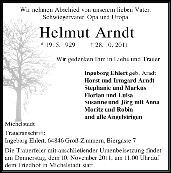 Traueranzeige von Helmut Arndt von Odenwälder Echo