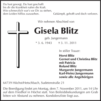 Traueranzeige von Gisela Blitz von Echo-Zeitungen (Gesamtausgabe)