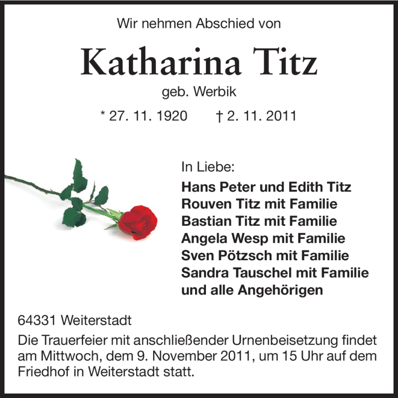  Traueranzeige für Katharina Titz vom 05.11.2011 aus Echo-Zeitungen (Gesamtausgabe)