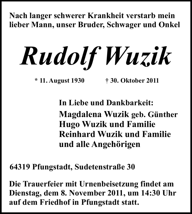  Traueranzeige für Rudolf Wuzik vom 04.11.2011 aus Echo-Zeitungen (Gesamtausgabe)