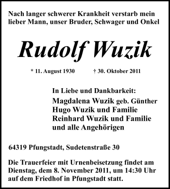 Traueranzeige von Rudolf Wuzik von Echo-Zeitungen (Gesamtausgabe)