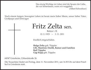 Traueranzeige von Fritz Zelta von Darmstädter Echo, Odenwälder Echo, Rüsselsheimer Echo, Groß-Gerauer-Echo, Ried Echo