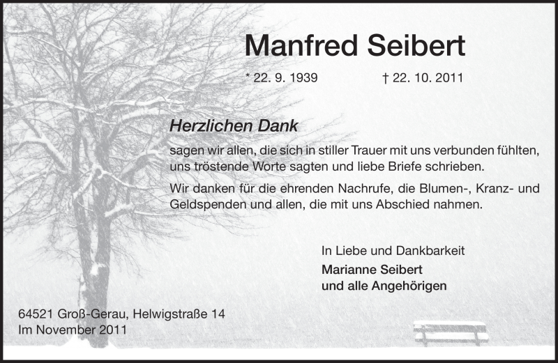  Traueranzeige für Manfred Seibert vom 05.11.2011 aus Rüsselsheimer Echo, Groß-Gerauer-Echo, Ried Echo
