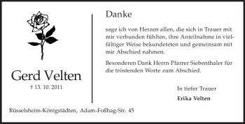 Traueranzeige von Gerd Velten von Rüsselsheimer Echo, Groß-Gerauer-Echo, Ried Echo