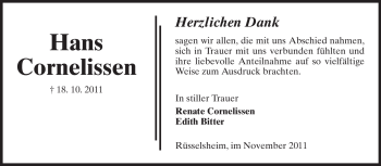 Traueranzeige von Hans Cornelissen von Rüsselsheimer Echo, Groß-Gerauer-Echo, Ried Echo