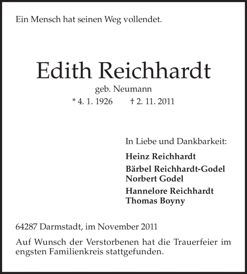  Traueranzeige für Edith Reichhardt vom 12.11.2011 aus Darmstädter Echo, Odenwälder Echo, Rüsselsheimer Echo, Groß-Gerauer-Echo, Ried Echo