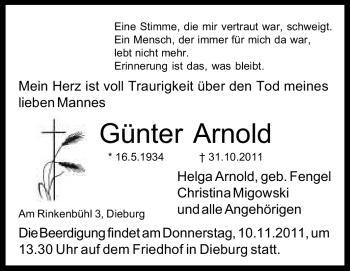 Traueranzeige von Günter Arnold von Echo-Zeitungen (Gesamtausgabe)