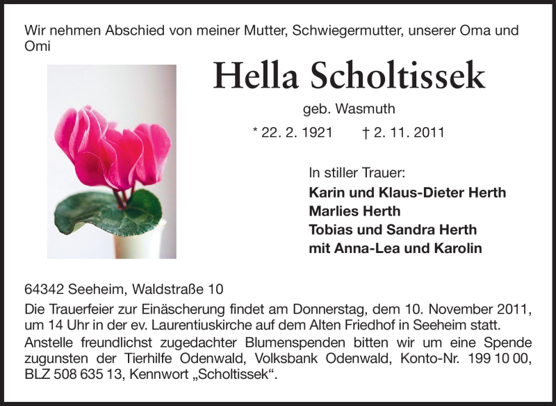 Traueranzeige für Hella Scholtissek vom 05.11.2011 aus Echo-Zeitungen (Gesamtausgabe)
