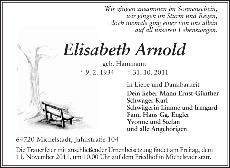  Traueranzeige für Elisabeth Arnold vom 05.11.2011 aus Odenwälder Echo