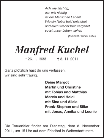 Traueranzeige von Manfred Kuchel von Darmstädter Echo, Odenwälder Echo, Rüsselsheimer Echo, Groß-Gerauer-Echo, Ried Echo