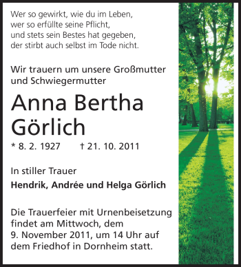 Traueranzeige von Anna Bertha Görlich von Rüsselsheimer Echo, Groß-Gerauer-Echo, Ried Echo