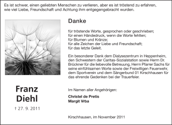 Traueranzeige von Franz Diehl von Starkenburger Echo