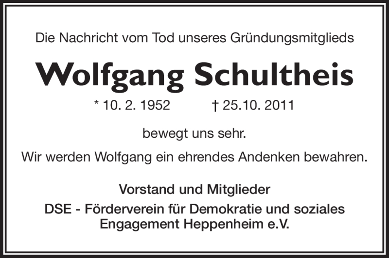  Traueranzeige für Wolfgang Schultheis vom 07.11.2011 aus Starkenburger Echo