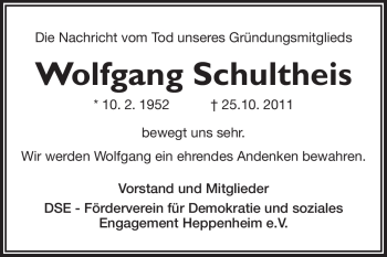 Traueranzeige von Wolfgang Schultheis von Starkenburger Echo