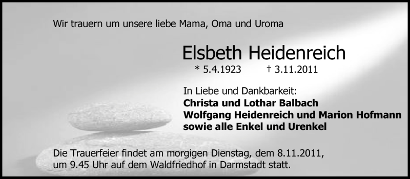  Traueranzeige für Elsbeth Heidenreich vom 07.11.2011 aus Echo-Zeitungen (Gesamtausgabe)