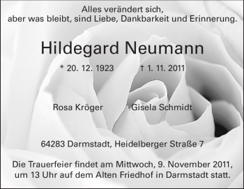 Traueranzeige von Hildegard Neumann von Echo-Zeitungen (Gesamtausgabe)