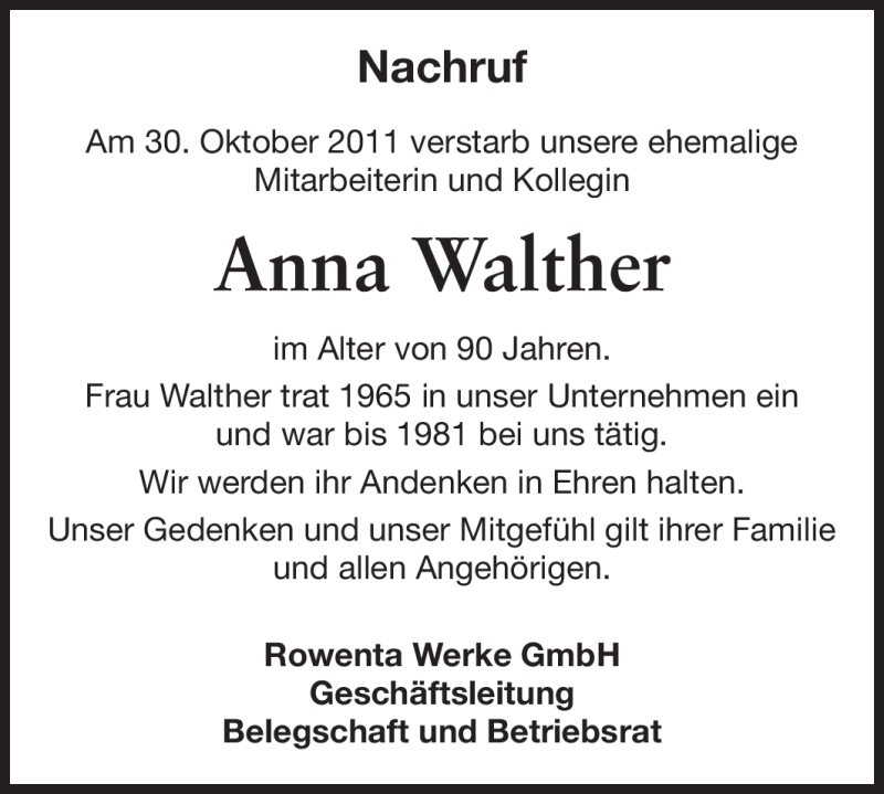  Traueranzeige für Anna Walther vom 08.11.2011 aus Odenwälder Echo