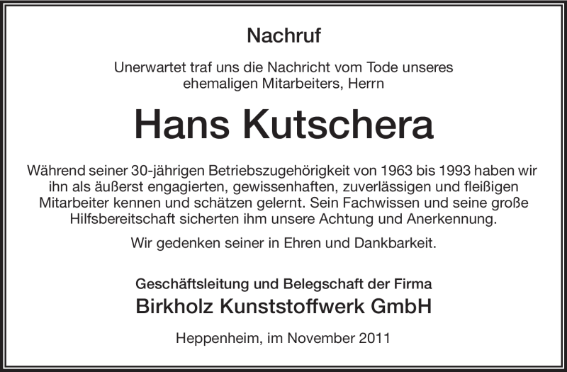  Traueranzeige für Hans Kutschera vom 10.11.2011 aus Starkenburger Echo