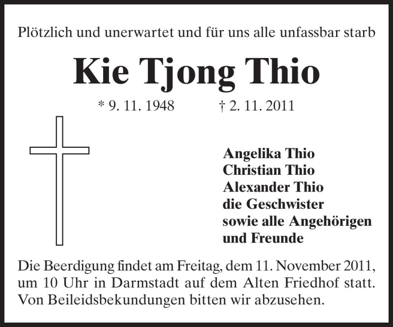  Traueranzeige für Kie Tjong Thio vom 08.11.2011 aus Echo-Zeitungen (Gesamtausgabe)