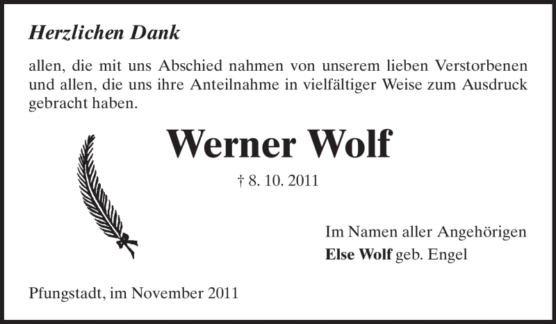  Traueranzeige für Werner Wolf vom 09.11.2011 aus Echo-Zeitungen (Gesamtausgabe)