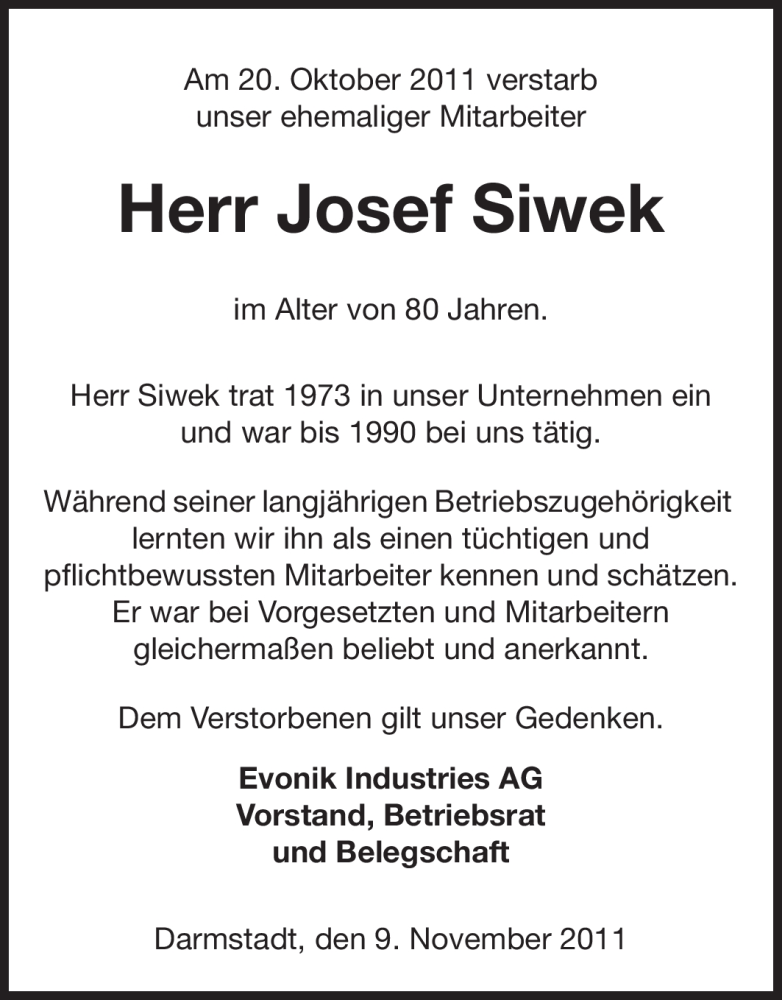  Traueranzeige für Ivan Siwek vom 09.11.2011 aus Echo-Zeitungen (Gesamtausgabe)