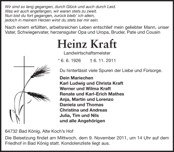 Traueranzeige von Heinz Kraft von Odenwälder Echo