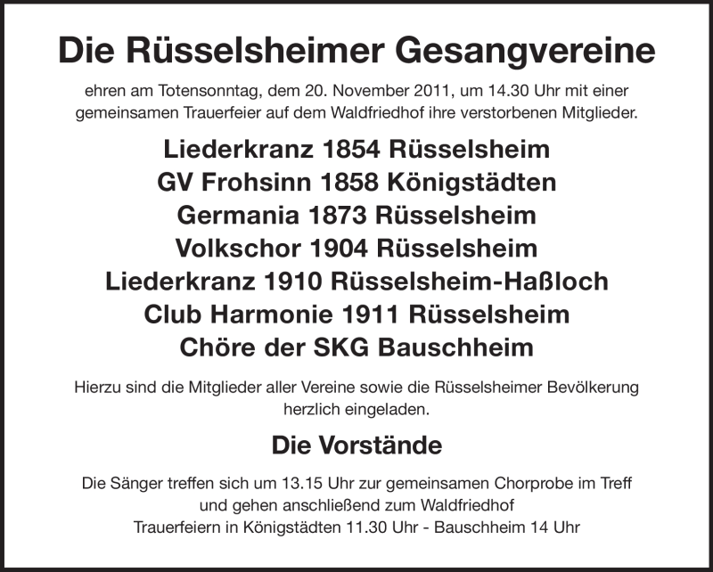  Traueranzeige für Rüsselsheimer Gesangvereine vom 18.11.2011 aus Rüsselsheimer Echo, Groß-Gerauer-Echo, Ried Echo