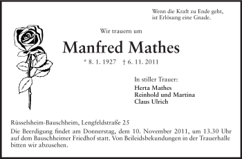 Traueranzeige von Manfred Mathes von Rüsselsheimer Echo, Groß-Gerauer-Echo, Ried Echo