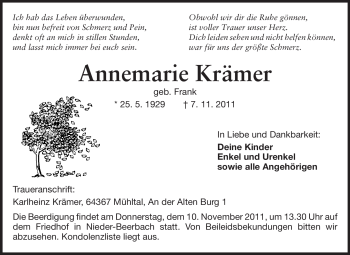 Traueranzeige von Annemarie Krämer von Echo-Zeitungen (Gesamtausgabe)