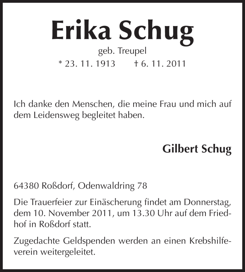  Traueranzeige für Erika Schug vom 09.11.2011 aus Darmstädter Echo, Odenwälder Echo, Rüsselsheimer Echo, Groß-Gerauer-Echo, Ried Echo