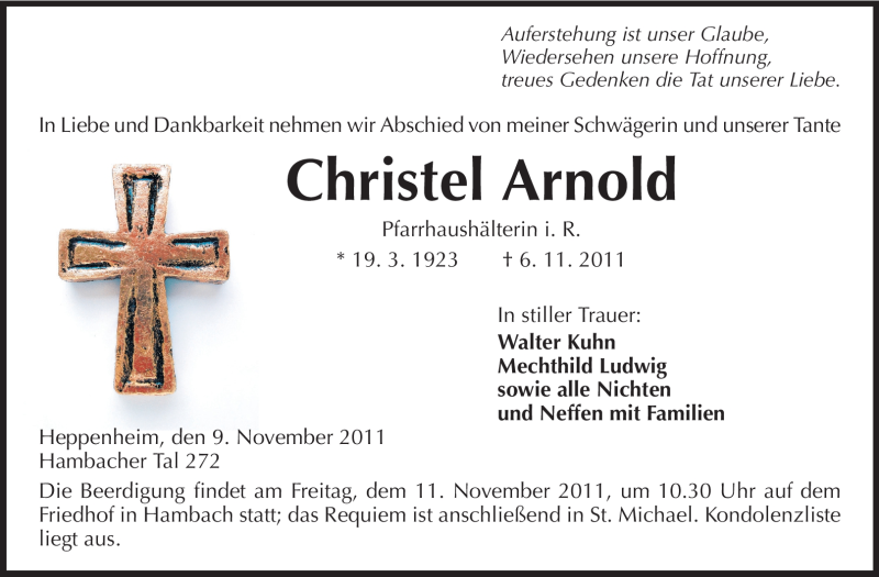  Traueranzeige für Christel Arnold vom 09.11.2011 aus Starkenburger Echo