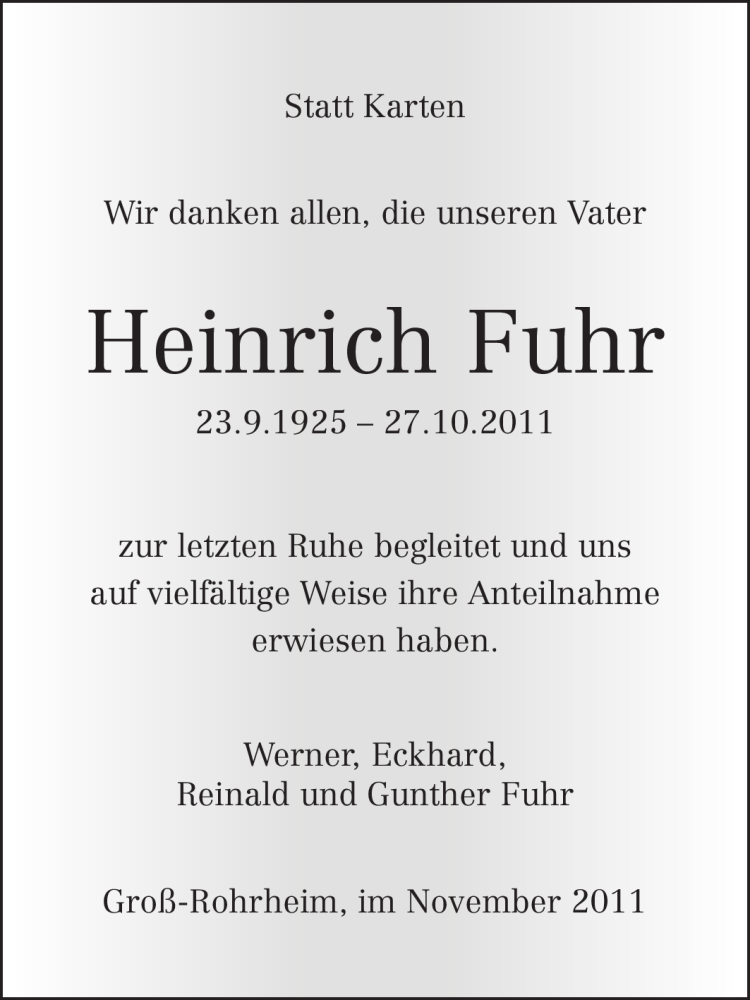  Traueranzeige für Heinrich Fuhr vom 09.11.2011 aus Echo-Zeitungen (Gesamtausgabe)