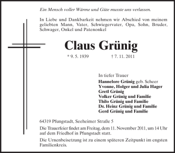 Traueranzeige von Claus Grünig von Echo-Zeitungen (Gesamtausgabe)