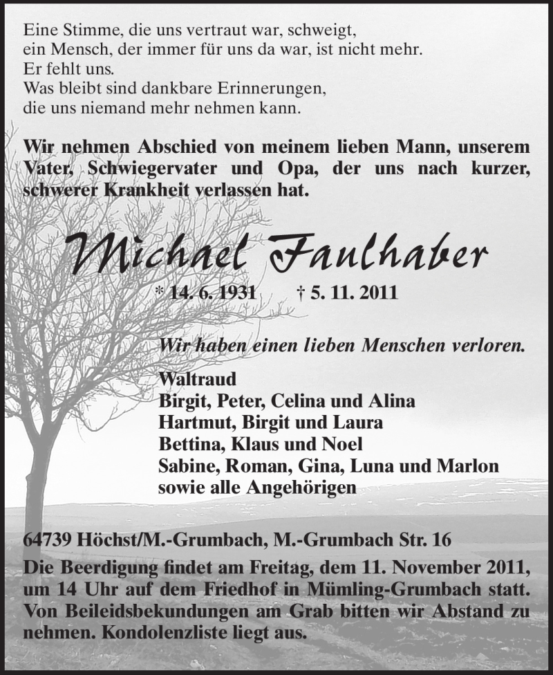  Traueranzeige für Michael Faulhaber vom 09.11.2011 aus Odenwälder Echo