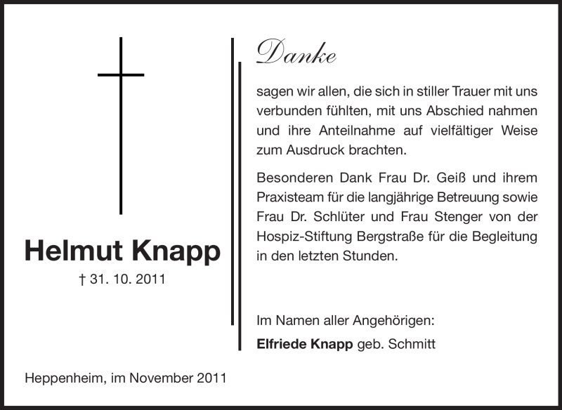  Traueranzeige für Helmut Knapp vom 12.11.2011 aus Starkenburger Echo