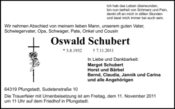 Traueranzeige von Oswald Schubert von Echo-Zeitungen (Gesamtausgabe)