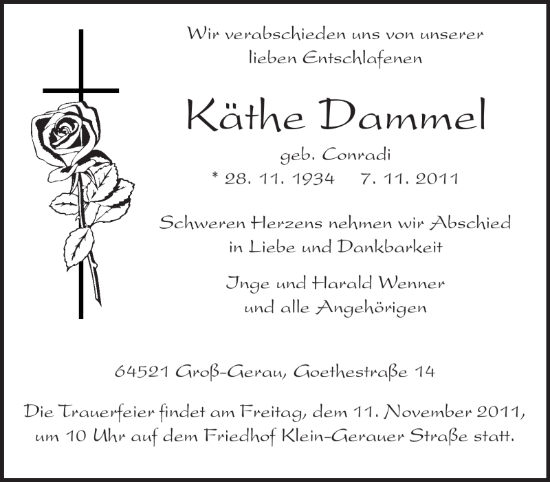 Traueranzeige für Käthe Dammel vom 09.11.2011 aus Rüsselsheimer Echo, Groß-Gerauer-Echo, Ried Echo