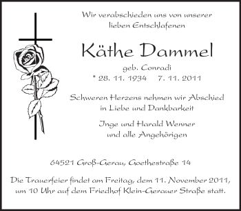 Traueranzeige von Käthe Dammel von Rüsselsheimer Echo, Groß-Gerauer-Echo, Ried Echo