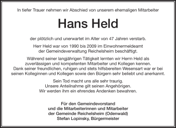 Traueranzeige von Hans Held von Odenwälder Echo