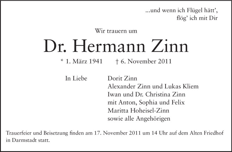  Traueranzeige für Hermann Zinn vom 12.11.2011 aus Echo-Zeitungen (Gesamtausgabe)