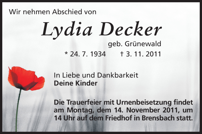  Traueranzeige für Lydia Decker vom 12.11.2011 aus Odenwälder Echo