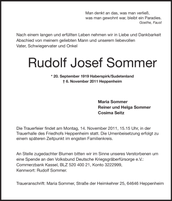 Traueranzeige von Rudolf Josef Sommer von Starkenburger Echo