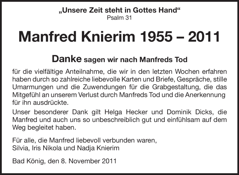  Traueranzeige für Manfred Knierim vom 12.11.2011 aus Odenwälder Echo