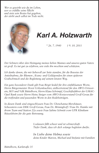 Traueranzeige von Karl A. Holzwarth von Rüsselsheimer Echo, Groß-Gerauer-Echo, Ried Echo